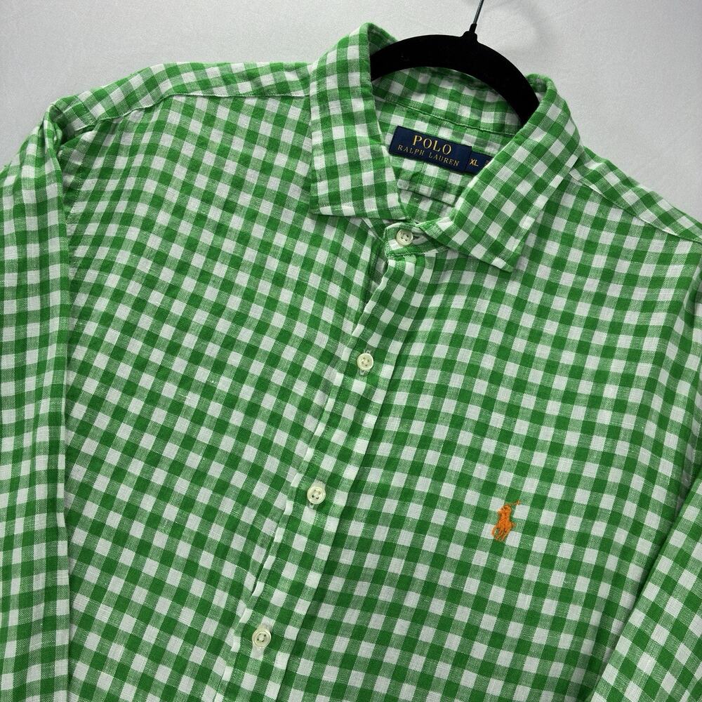 Polo Ralph Lauren Mens XL 100% Linen Shirt Green White Gingham Orange Pony